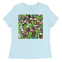 Baby Blue Western Cactus And Turquoise Gemstone With Leopard And Cowhide Seamles Ladies Tee - BundleAndBundleShop