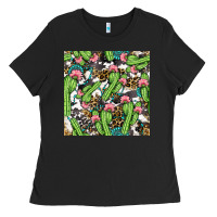 Black Western Cactus And Turquoise Gemstone With Leopard And Cowhide Seamles Ladies Tee - BundleAndBundleShop