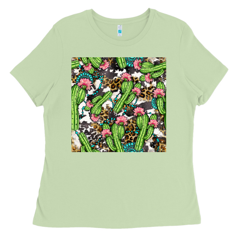 Western Cactus And Turquoise Gemstone With Leopard And Cowhide Seamles Ladies Tee by BundleAndBundleShop | Teevron