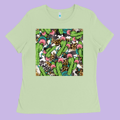 Western Cactus And Turquoise Gemstone With Leopard And Cowhide Seamles Ladies Tee Designed By Bundleandbundleshop