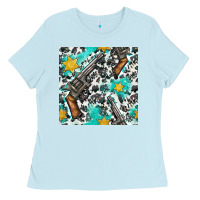 Baby Blue Western Gun And Sheriff Stars With Cowhide Seamless Pattern Ladies Tee - BundleAndBundleShop