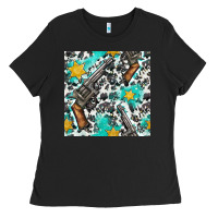 Western Gun And Sheriff Stars With Cowhide Seamless Pattern Ladies Tee | Teevron