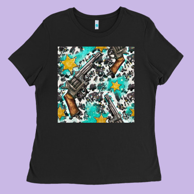 Western Gun And Sheriff Stars With Cowhide Seamless Pattern Ladies Tee Designed By Bundleandbundleshop