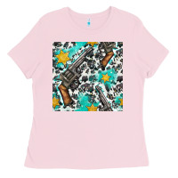 Bubblegum Pink Western Gun And Sheriff Stars With Cowhide Seamless Pattern Ladies Tee - BundleAndBundleShop