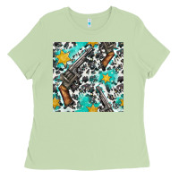 Matcha Western Gun And Sheriff Stars With Cowhide Seamless Pattern Ladies Tee - BundleAndBundleShop