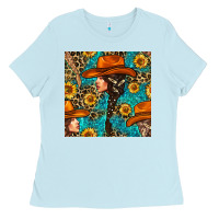 Baby Blue Western Girl Hair Clasp And Sunflower With Leopard And Glitter Seamles Ladies Tee - BundleAndBundleShop