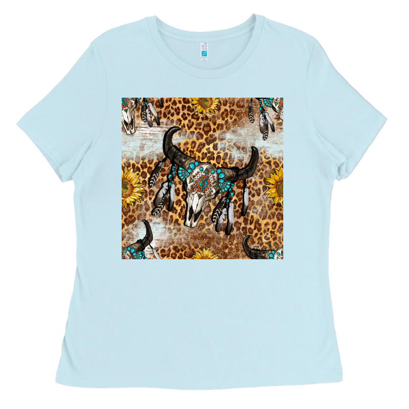 Western Bull Skull And Sunflowers With Leopard Seamless Pattern Ladies Tee by BundleAndBundleShop | Teevron