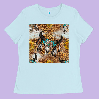 Western Bull Skull And Sunflowers With Leopard Seamless Pattern Ladies Tee Designed By Bundleandbundleshop