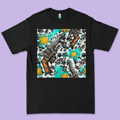 Western Gun And Sheriff Stars With Cowhide Seamless Pattern Premium Tee Designed By Bundleandbundleshop