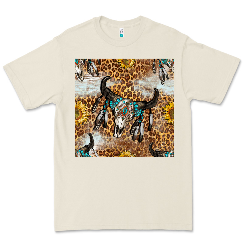 Western Bull Skull And Sunflowers With Leopard Seamless Pattern Premium Tee by BundleAndBundleShop | Teevron