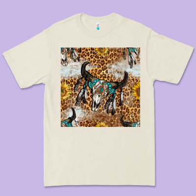 Western Bull Skull And Sunflowers With Leopard Seamless Pattern Premium Tee Designed By Bundleandbundleshop