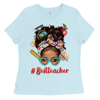 Baby Blue Afro Messy Bun Best Teacher With Leopard Glasses Bbs Ladies Tee - BundleAndBundleShop