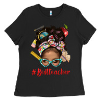 Black Afro Messy Bun Best Teacher With Leopard Glasses Bbs Ladies Tee - BundleAndBundleShop