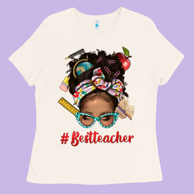 Afro Messy Bun Best Teacher With Leopard Glasses Bbs Ladies Tee Designed By Bundleandbundleshop