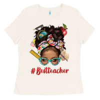Bone Afro Messy Bun Best Teacher With Leopard Glasses Bbs Ladies Tee - BundleAndBundleShop