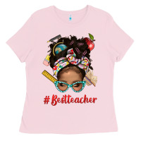 Bubblegum Pink Afro Messy Bun Best Teacher With Leopard Glasses Bbs Ladies Tee - BundleAndBundleShop
