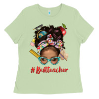 Matcha Afro Messy Bun Best Teacher With Leopard Glasses Bbs Ladies Tee - BundleAndBundleShop