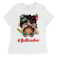 White Afro Messy Bun Best Teacher With Leopard Glasses Bbs Ladies Tee - BundleAndBundleShop