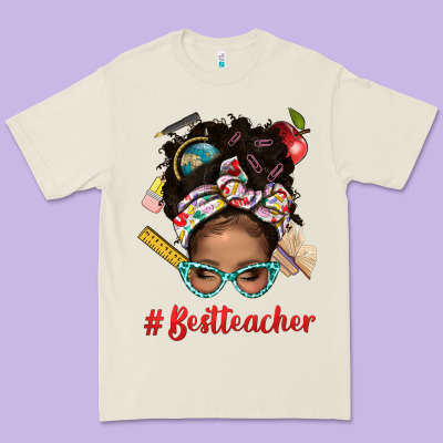 Afro Messy Bun Best Teacher With Leopard Glasses Bbs Premium Tee Designed By Bundleandbundleshop
