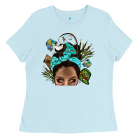 Baby Blue Lake Camping Afro Messy Bun Bbs Ladies Tee - BundleAndBundleShop