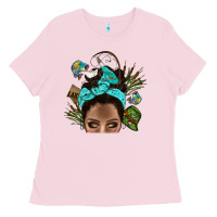 Bubblegum Pink Lake Camping Afro Messy Bun Bbs Ladies Tee - BundleAndBundleShop