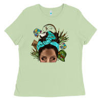 Matcha Lake Camping Afro Messy Bun Bbs Ladies Tee - BundleAndBundleShop