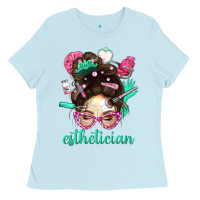 Baby Blue Esthetician Messy Bun With Pink Leopard Glasses Bbs Ladies Tee - BundleAndBundleShop
