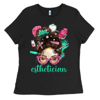 Black Esthetician Messy Bun With Pink Leopard Glasses Bbs Ladies Tee - BundleAndBundleShop