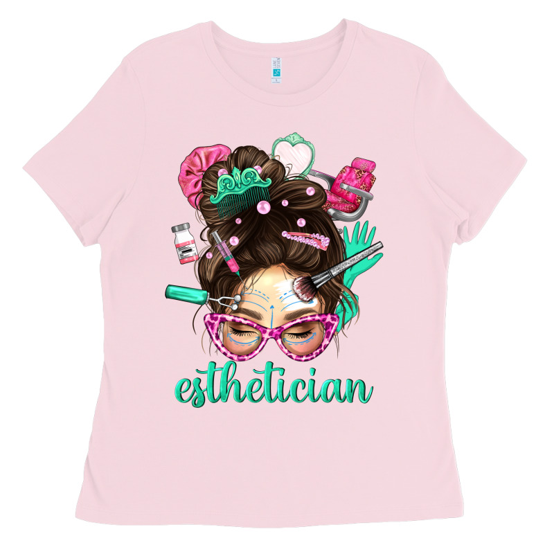 Esthetician Messy Bun With Pink Leopard Glasses Bbs Ladies Tee by BundleAndBundleShop | Teevron