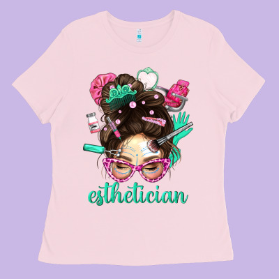 Esthetician Messy Bun With Pink Leopard Glasses Bbs Ladies Tee Designed By Bundleandbundleshop