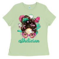 Matcha Esthetician Messy Bun With Pink Leopard Glasses Bbs Ladies Tee - BundleAndBundleShop
