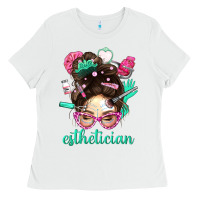 White Esthetician Messy Bun With Pink Leopard Glasses Bbs Ladies Tee - BundleAndBundleShop