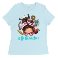 Baby Blue Best Teacher Messy Bun Bbs Ladies Tee - BundleAndBundleShop