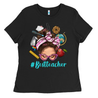 Black Best Teacher Messy Bun Bbs Ladies Tee - BundleAndBundleShop