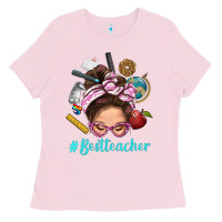 Bubblegum Pink Best Teacher Messy Bun Bbs Ladies Tee - BundleAndBundleShop