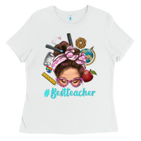 White Best Teacher Messy Bun Bbs Ladies Tee - BundleAndBundleShop