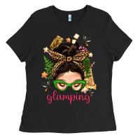 Black Glamping Messy Bun With Glamping Camp Tent Bbs Ladies Tee - BundleAndBundleShop