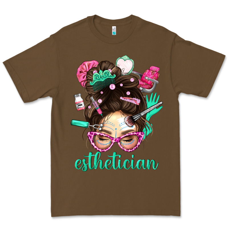 Esthetician Messy Bun With Pink Leopard Glasses Bbs Premium Tee by BundleAndBundleShop | Teevron