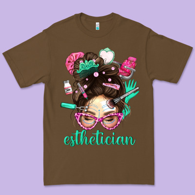 Esthetician Messy Bun With Pink Leopard Glasses Bbs Premium Tee Designed By Bundleandbundleshop