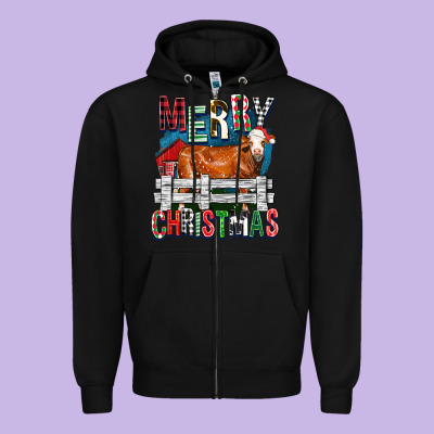 Merry Christmas Simmental Cow Zipper Hoodie Designed By Fadigitalartstudio