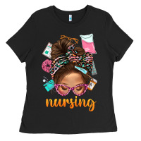 Messy Bun Nursing With Leopard Glasses Bbs Ladies Tee | Teevron