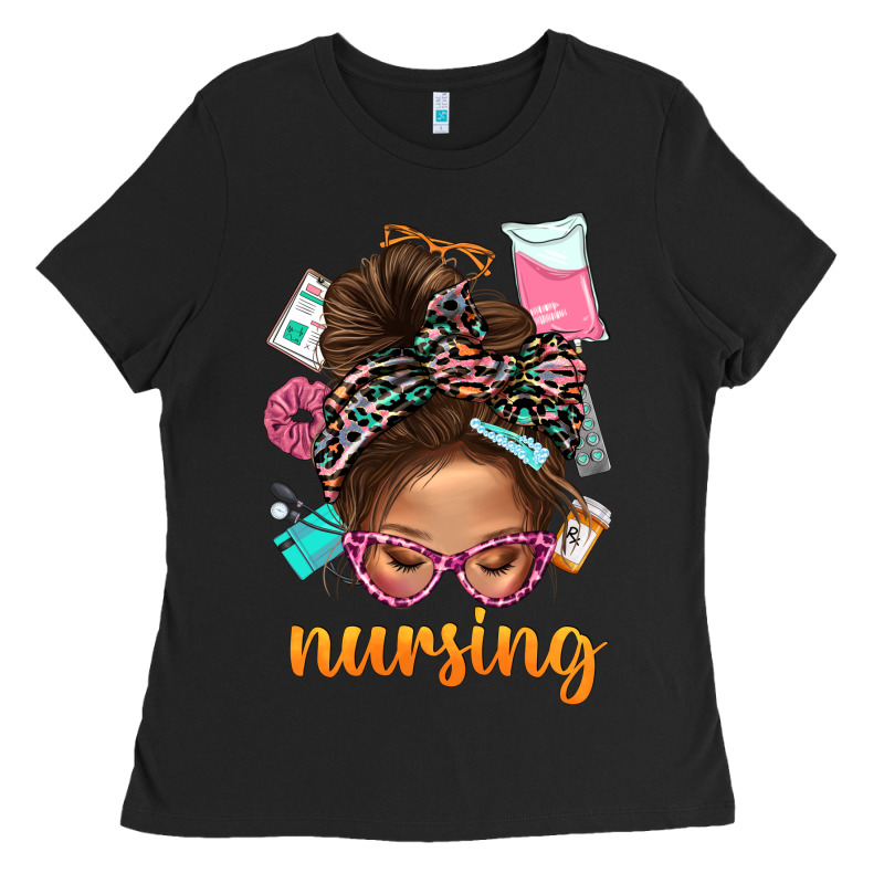 Messy Bun Nursing With Leopard Glasses Bbs Ladies Tee by BundleAndBundleShop | Teevron