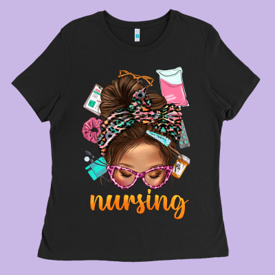 Messy Bun Nursing With Leopard Glasses Bbs Ladies Tee Designed By Bundleandbundleshop