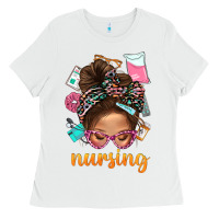 White Messy Bun Nursing With Leopard Glasses Bbs Ladies Tee - BundleAndBundleShop