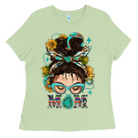 Matcha Western Messy Bun Mom With Sunflower Ladies Tee - BundleAndBundleShop