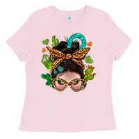 Bubblegum Pink Western  Messy Bun With Cactus Ladies Tee - BundleAndBundleShop