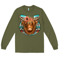 Army Green highland cow serape floral headband horseshoe Long Sleeve Tee - Jasminsmagicworld
