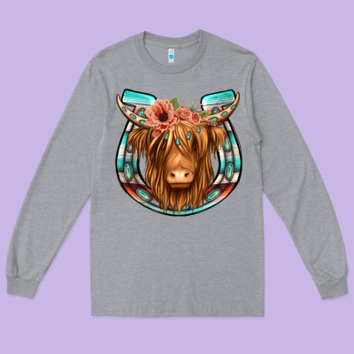 Highland Cow Serape Floral Headband Horseshoe Long Sleeve Tee Designed By Jasminsmagicworld