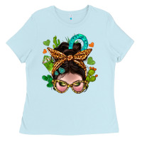 Baby Blue Western  Messy Bun With Cactus Ladies Tee - BundleAndBundleShop