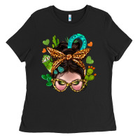 Black Western  Messy Bun With Cactus Ladies Tee - BundleAndBundleShop